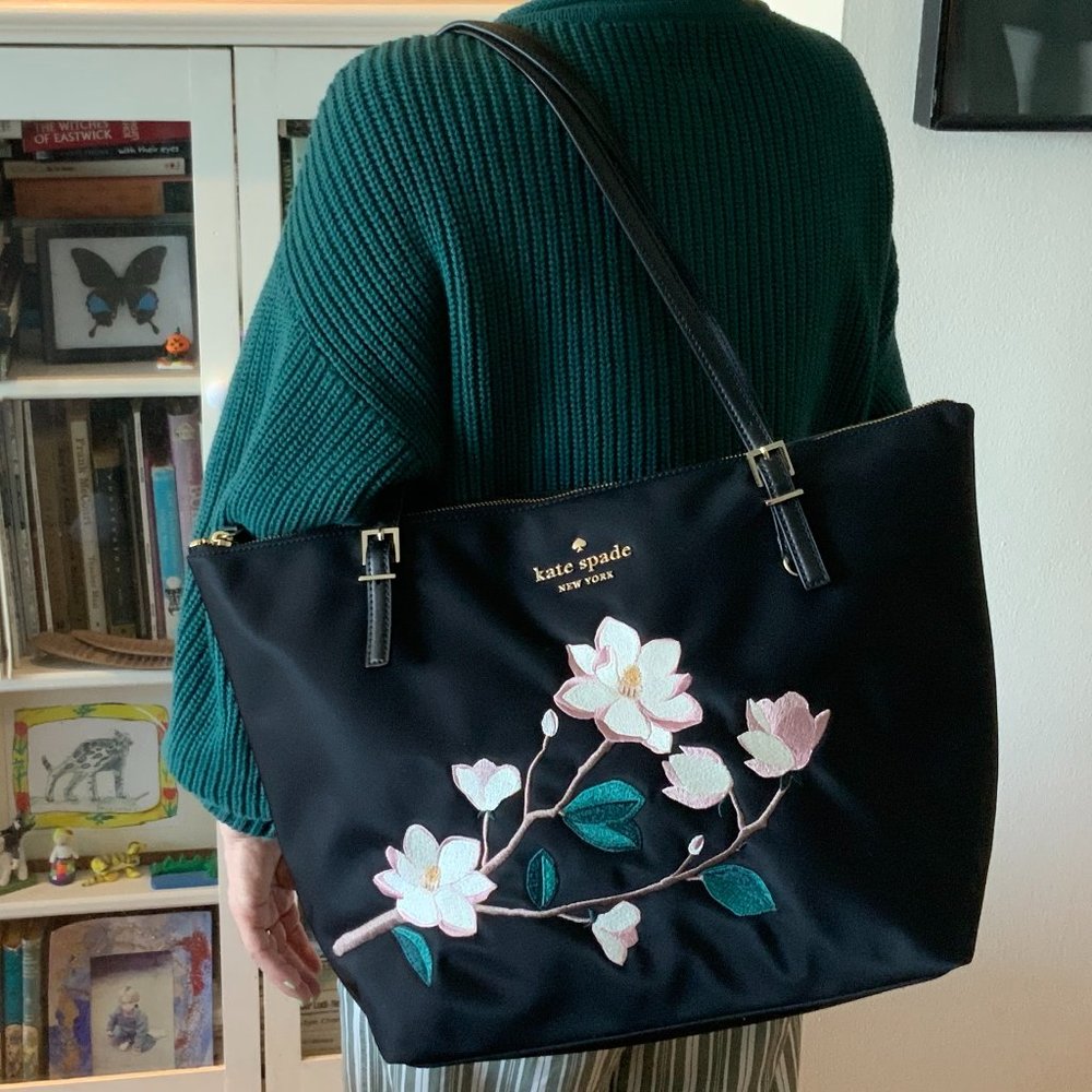 Perfect for Spring! Kate Spade Watson Lane Embroidered Maya Black Nylon Tote - Picture 2 of 4